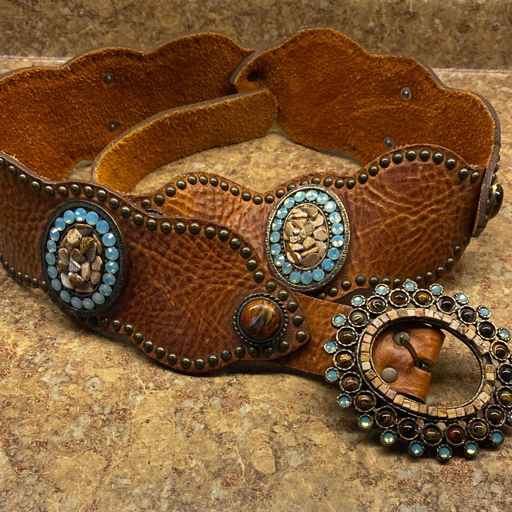 Leatherock Tan Belt with Blue and Bronze Accents